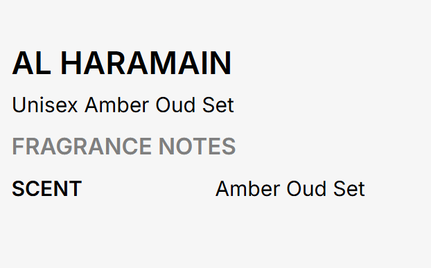 A minimalist text graphic on a light gray background reading 'AL HARAMAIN' in bold, followed by 'Unisex Amber Oud Set' and 'FRAGRANCE NOTES' in gray, with 'SCENT' and 'Amber Oud Set' below.