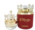 Al Haramain Manège Rouge perfume bottle and its outer display box, both featuring a deep red body with gold lettering and a clear glass crown-like cap with gold finials, on a white background.
