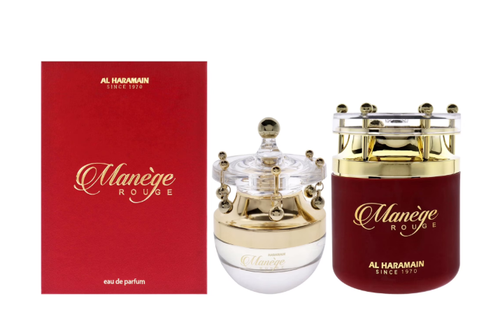 Al Haramain Manège Rouge Eau de Parfum shown with its red outer box, a clear glass bottle with a gold cap, and a dark red cylindrical bottle with a gold collar and silver cap, all on a white background.
