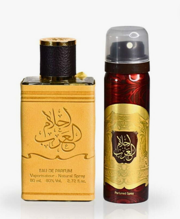 A perfume set featuring a rectangular gold bottle with black leather-like detailing and a clear spray nozzle, alongside a red cylindrical perfume spray can with a gold label, both on a white background.