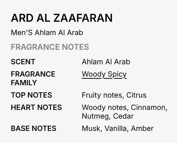 A text-based fragrance notes card for ARD AL ZAAFARAN Men's Ahlam Al Arab, describing the scent as Woody Spicy with fruity, cinnamon, nutmeg, cedar, musk, vanilla, and amber notes.