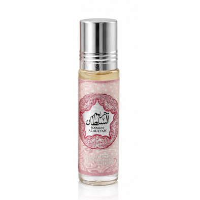 A ard al zaafaran hareem al sultan roll-on perfume bottle with a silver metallic cap and a pink patterned label featuring Arabic calligraphy, set against a plain white background.