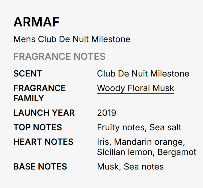 A text-based fragrance notes card for ARMAF Mens Club De Nuit Milestone, detailing scent, fragrance family (Woody Floral Musk), launch year, and top/heart/base notes on a light gray background.