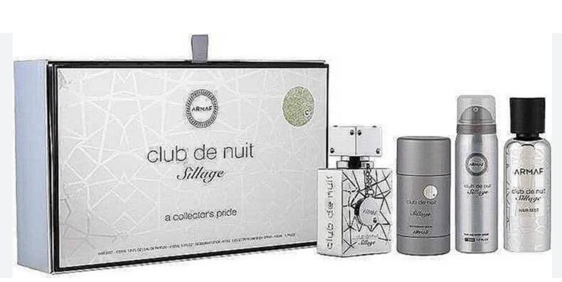 A fragrance gift set from ARMAF Club de Nuit Sillage, featuring a silver patterned outer box, a rectangular spray bottle, a cylindrical deodorant stick, and a travel spray bottle, all on a plain white background.