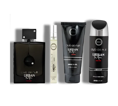 Four men's fragrance products from Urban M - Afnan are lined up on a white background: a large black bottle, a small silver-and-white spray, a black tube, and a black-and-silver bottle. The products feature the Urban M logo and 'duo de null' text.