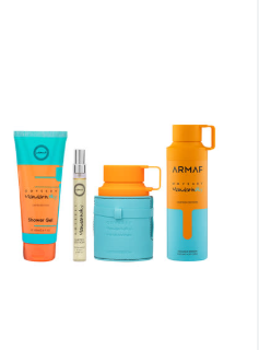 Four ARMAF Nature's Products bath and body items arranged on a white background: a shower gel tube, a small spray bottle, a round container, and a tall bottle, in teal, orange, and white color blocking.