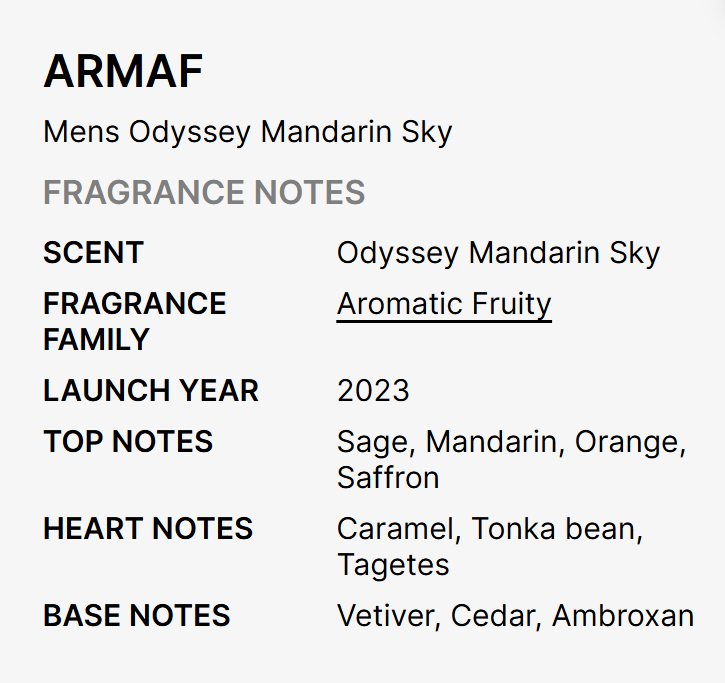 A text-based fragrance notes card for ARMAF's 'Mens Odyssey Mandarin Sky' showing scent, fragrance family, launch year, and top, heart, and base notes on a light gray background.