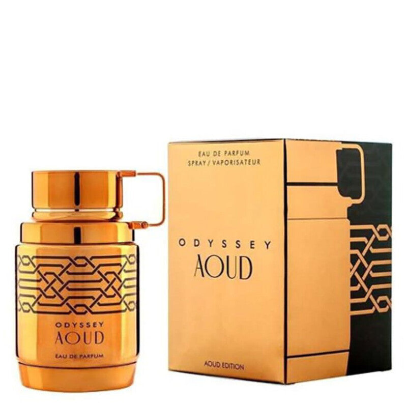 Gold Odyssey Aoud perfume bottle and packaging on a white background