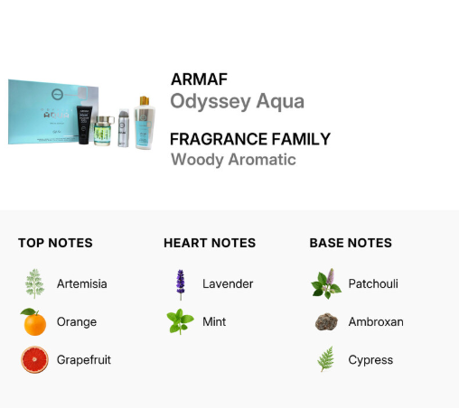 Promotional graphic for ARMAF Odyssey Aqua Fragrance Family,Woody Aromatic, showing a light blue and black gift box with several small fragrance bottles, plus a breakdown of top, heart, and base notes: Artemisia, Orange, Grapefruit, Lavender, Mint, Patchouli, Ambroxan, and Cypress.