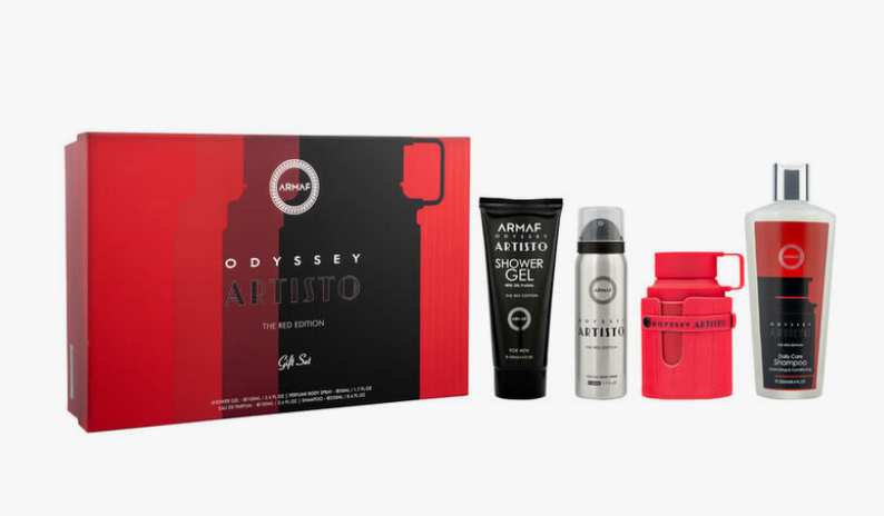 Odyssey Artist The Red Edition cologne gift set featuring a red and black box, a black shower gel tube, a silver deodorant can, a red fragrance atomizer, and a red-and-black body wash bottle on a white background.