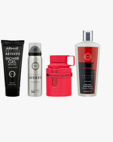 Four Armaf Designer Artisto grooming products arranged side by side on a plain white background: a black shower gel tube, a silver deodorant spray can, a red insulated tumbler with a handle, and a white bottle of body shampoo with a red label.