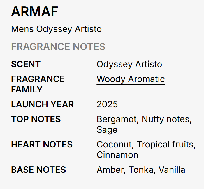A text-based fragrance notes card for ARMAF's 'Mens Odyssey Artisto', describing the scent as 'Woody Aromatic' with notes of Bergamot, Nutty notes, Sage, Coconut, Cinnamon, and Amber.
