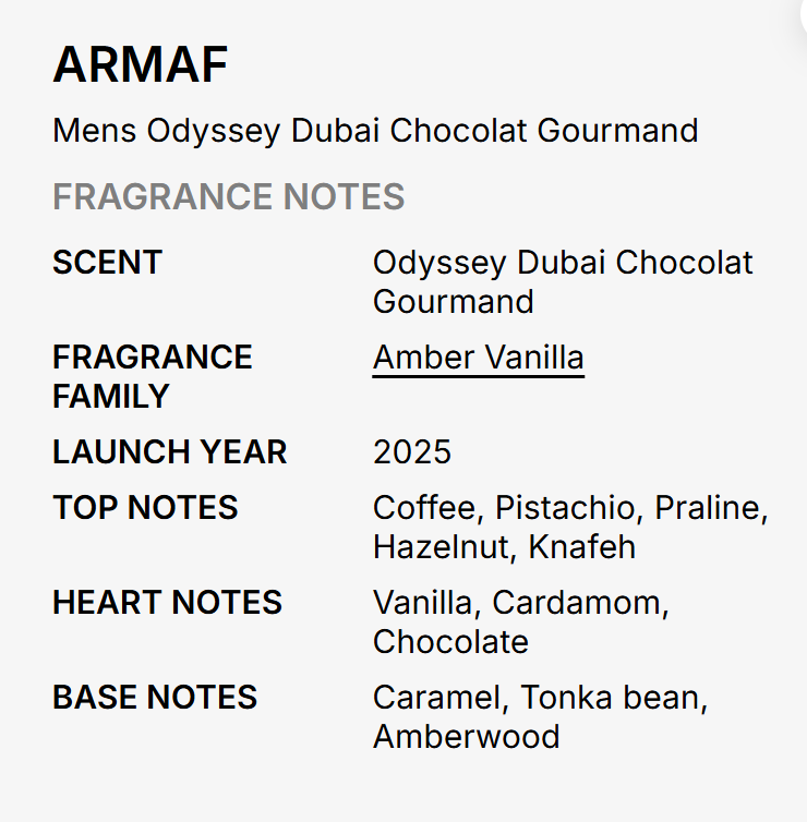 A text-based fragrance notes card for ARMAF Mens Odyssey Dubai Chocolat Gourmand, detailing scent, fragrance family (Amber Vanilla), launch year (2025), and top/base notes in a clean black, gray, and white layout.