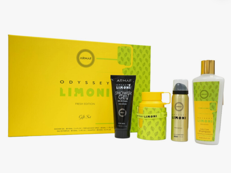 Armaf Odyssey Limoni Fresh Edition gift set featuring a large yellow box, a black shower gel tube, a yellow-lime shower cap, a gold spray canister, and a white shampoo bottle with a gold cap, all on a white background.
