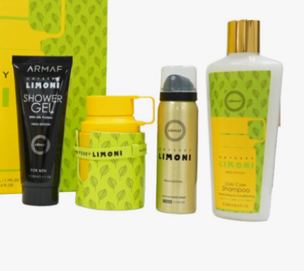 A 4-piece ARMAF CROCE LIMONI shower care set featuring a black shower gel tube, a yellow insulated bottle, a gold deodorant canister, and a white shampoo bottle, all with green and yellow leaf-patterned packaging.