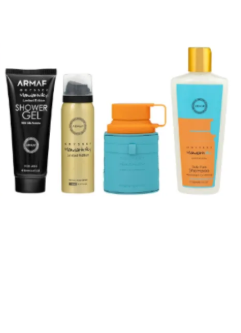 Four ARMAF haircare products arranged side by side on a plain white background: a black shower gel tube, a gold spray canister, a turquoise bottle with an orange cap, and a white bottle with a turquoise and orange label.