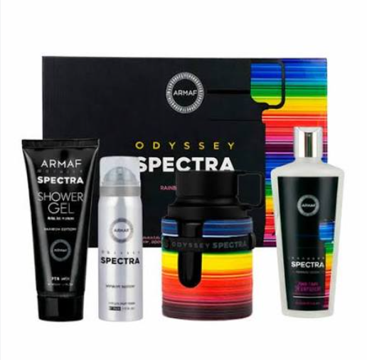 Armaf Odyssey Spectra Rain 4-piece men's grooming set on a white background, featuring a black shower gel tube, a silver body wash canister, a black and rainbow-patterned travel tumbler, and a black and rainbow-patterned shower bottle in front of a black gift box.