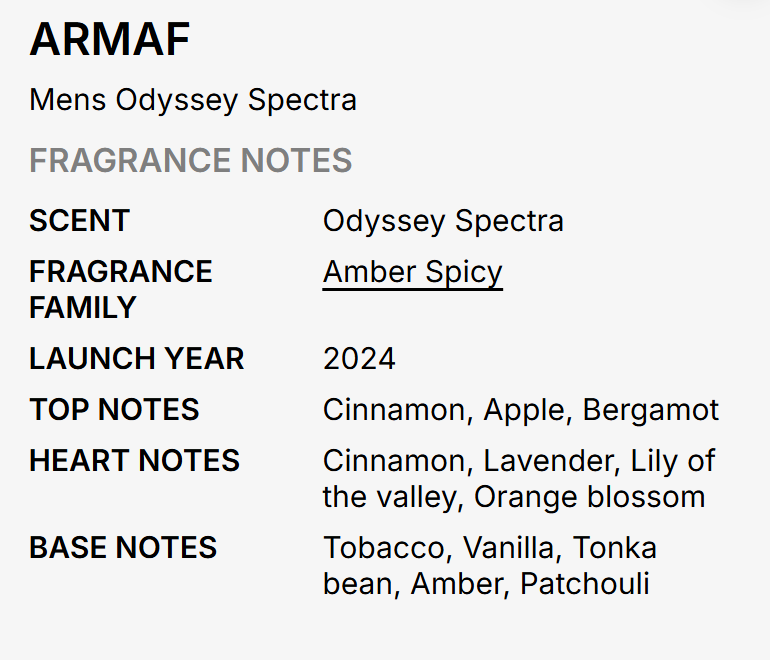 A text-based fragrance notes card for ARMAF Mens Odyssey Spectra, detailing the scent as 'Odyssey Spectra' with 'Amber Spicy' fragrance family, launched in 2024, with notes of cinnamon, apple, bergamot, lavender, lily of the valley, orange blossom, tobacco, vanilla, tonka bean, amber, and patchouli.