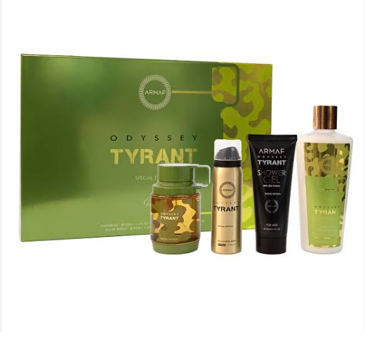 Odysseus Tyrant shower gift set featuring a metallic green box, a green camouflage shower gel bottle, a gold deodorant can, a black body wash tube, and a clear shower foam bottle with green liquid and a gold cap, all on a white background.