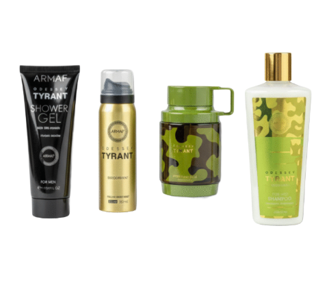 Four Armaf Overse Tyrant grooming products arranged side by side on a plain white background: a black shower gel tube, a gold deodorant can, a green camouflage container, and a white shampoo bottle with a gold cap.