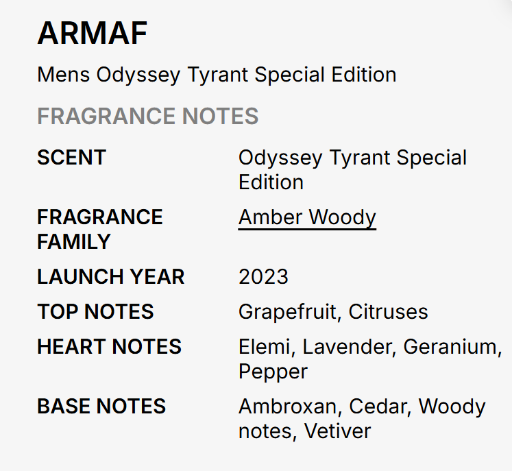 A text-based fragrance notes card for ARMAF Mens Odyssey Tyrant Special Edition, detailing scent, fragrance family (Amber Woody), launch year, and top, heart, and base notes.