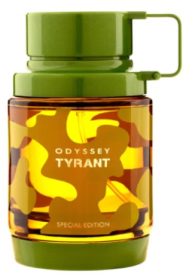 Odyssey Tyrant Special Edition cologne bottle with a green cap and handle, featuring a yellow and orange camouflage pattern on a white background.