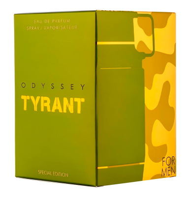 Odyssey Tyrant Special Edition Eau de Parfum box, featuring a lime green front with gold lettering and a yellow camouflage pattern on the side, set against a plain white background.