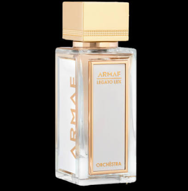 Armaf Legato Lux Orchestra perfume bottle with a gold cap and gold lettering on a white label, set against a solid black background.