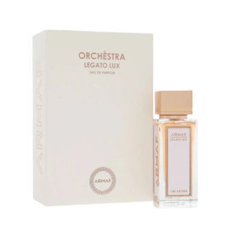 Armani Privé Orchèstra Legato Lux Eau de Parfum shown with its cream-colored packaging box and a clear glass spray bottle with a gold cap on a white background.
