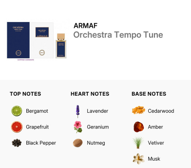 A digital infographic for ARMAF Orchestra Tempo Tune, showing a small perfume bottle and box on the top left, with scent notes listed below in three columns: Top Notes (Bergamot, Grapefruit, Black Pepper), Heart Notes (Lavender, Geranium, Nutmeg), and Base Notes (Cedarwood, Amber, Vetiver, Musk).