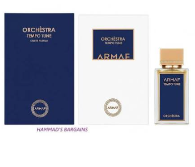 Armae Orchestra Tempo Tune Eau de Parfum shown with its navy blue outer box, white inner card, and a small glass perfume bottle with a gold cap on a white background. A purple watermark reading 'HAMMAD'S BARGAINS' appears below.