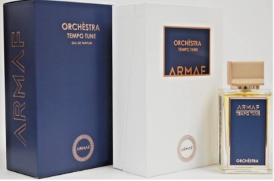 Armaf Orchestra Tempo Tune Eau de Parfum shown with its navy blue outer box, white inner box, and clear glass bottle containing pale yellow liquid.