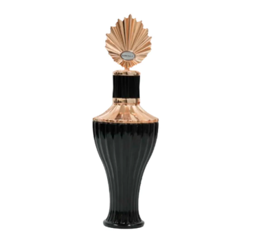 A luxury perfume bottle with a ribbed black glass body, a metallic rose gold neck and cap, and a decorative fan-shaped rose gold cap, isolated on a white background.