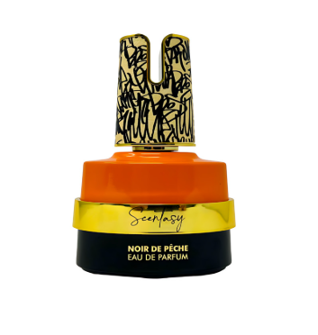 A perfume bottle with a distinctive rabbit-shaped cap featuring black scribbled patterns on a gold background. The bottle has a bright orange upper section, a shiny gold middle band with the brand name 'Scenasy' written in cursive, and a black base labeled 'NOIR DE PÈCHE EAU DE PARFUM'.