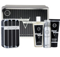 Armaf Ventana Gladiador for Men gift set featuring a silver and black patterned box, a matching fragrance bottle, a shower gel tube, and a deodorant canister on a white background.