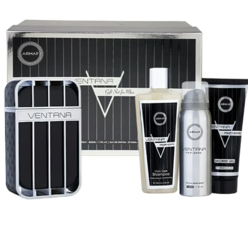 Armaf Ventana Gladiador for Men gift set featuring a silver and black patterned box, a matching fragrance bottle, a shower gel tube, and a deodorant canister on a white background.