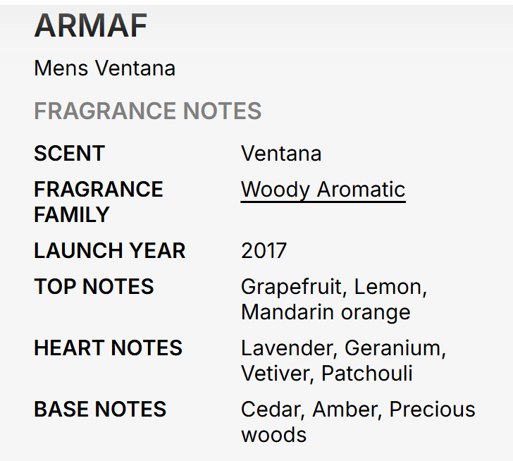 A text-based fragrance notes card for ARMAF Mens Ventana, detailing the scent as 'Ventana' with a 'Woody Aromatic' fragrance family, launched in 2017, with notes of grapefruit, lemon, mandarin orange, lavender, geranium, vetiver, patchouli, and cedar.
