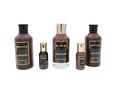 Four Bharara Chocolate toiletry bottles on a plain white background, including shower gel, body lotion, and eau de parfum, in dark brown and black packaging with gold lettering and caps.
