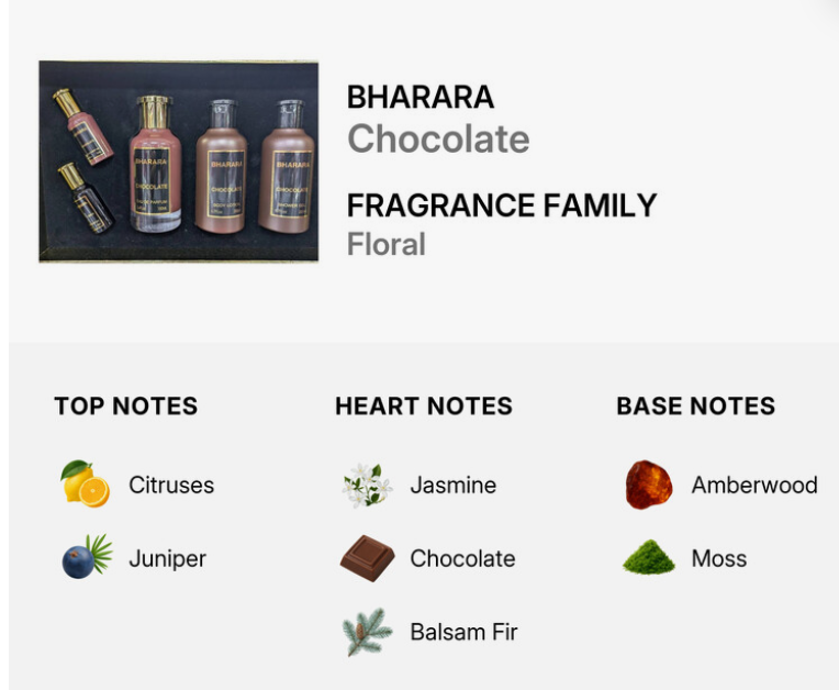 A product information card for Bharara Chocolate Fragrance Family Floral. The top section shows a set of four amber-brown perfume bottles with gold caps on a dark background.