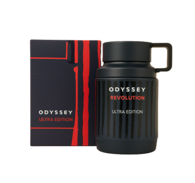 Odyssey Revolution Ultra Edition bottle next to its retail box, both in black with red and white text and graphics, on a solid white background.