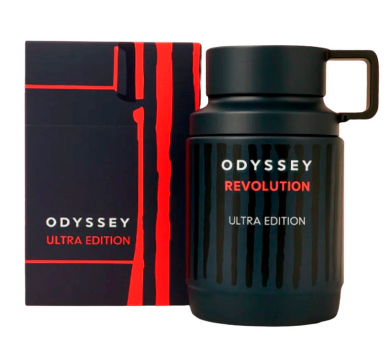 Odyssey Revolution Ultra Edition cologne bottle next to its retail box, both in black with red and white text and graphics, on a white background.