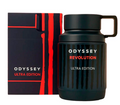Odyssey Revolution Ultra Edition cologne bottle next to its retail box, both in black with red and white text and graphics, on a white background.