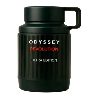 A black insulated travel mug with a handle, featuring the text 'ODYSSEY REVOLUTION ULTRA EDITION' in white and red on the front, set against a plain white background.