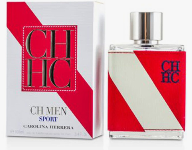 CH Men Sport fragrance by Carolina Herrera, showing the silver-capped glass bottle next to its white and red packaging box with a red diagonal stripe design and large CH logo.
