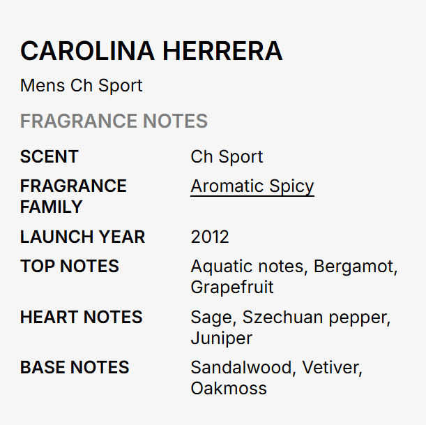 A text-based fragrance notes card for Carolina Herrera Mens Ch Sport, detailing scent type as Ch Sport, fragrance family as Aromatic Spicy, launch year 2012, and top, heart, and base notes.