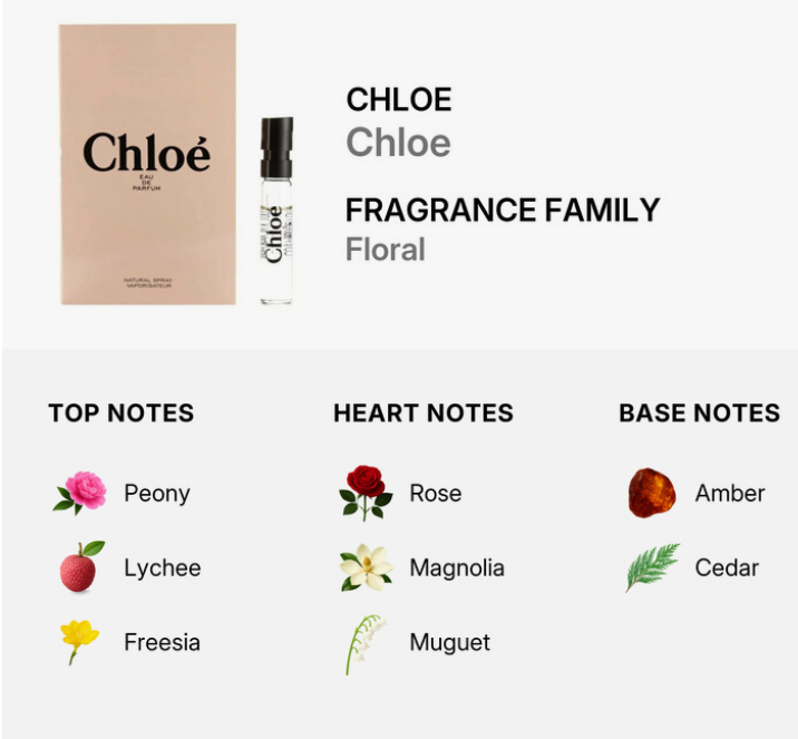 Chloe Floral fragrance notes top Peony Lychee Freesia heart Rose Magnolia Muguet base Amber Cedar UPC 3607347293743