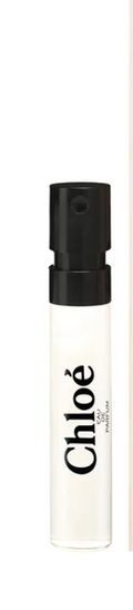 Vial Chloe Perfume for Women 0.04 oz EDP single slim clear glass spray vial with white label black spray cap and Chloe Eau de Parfum black script on white background floral peony lychee freesia rose magnolia muguet amber cedar UPC 3607347293743