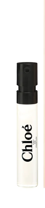 Vial Chloe Perfume for Women 0.04 oz EDP single slim clear glass spray vial with white label black spray cap and Chloe Eau de Parfum black script on white background floral peony lychee freesia rose magnolia muguet amber cedar UPC 3607347293743