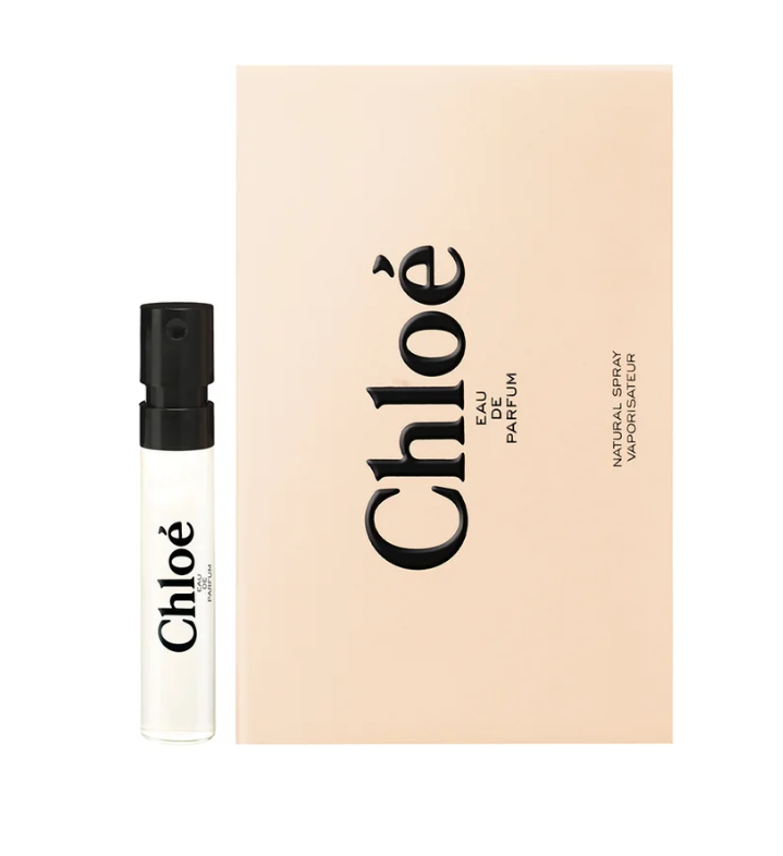 Vial Chloe Perfume for Women 0.04 oz EDP clear glass spray vial with black spray cap displayed with blush peach nude Chloe Eau de Parfum Natural Spray Vaporisateur card with black script UPC 3607347293743