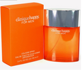 Clinique Happy For Men cologne spray bottle and its orange packaging box, featuring a vibrant orange liquid and a metallic silver cap.